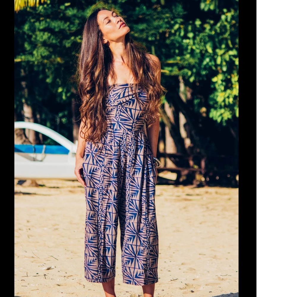 Noa Noa Hawaii Pink Navy Geometric Print Sash Tie Convertible Jumpsuit Small